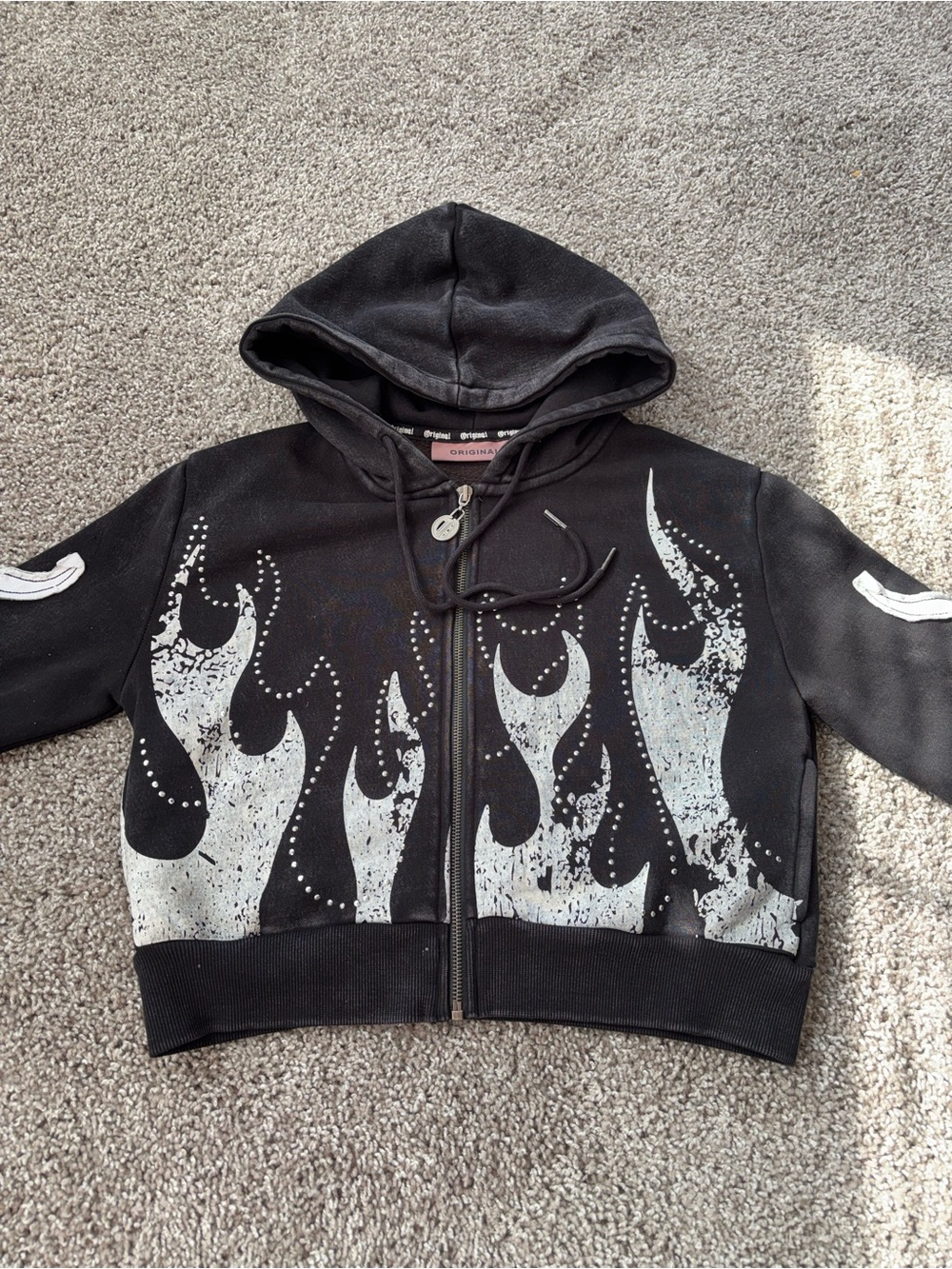 Black Flame-Print Zip Hoodie Jacket